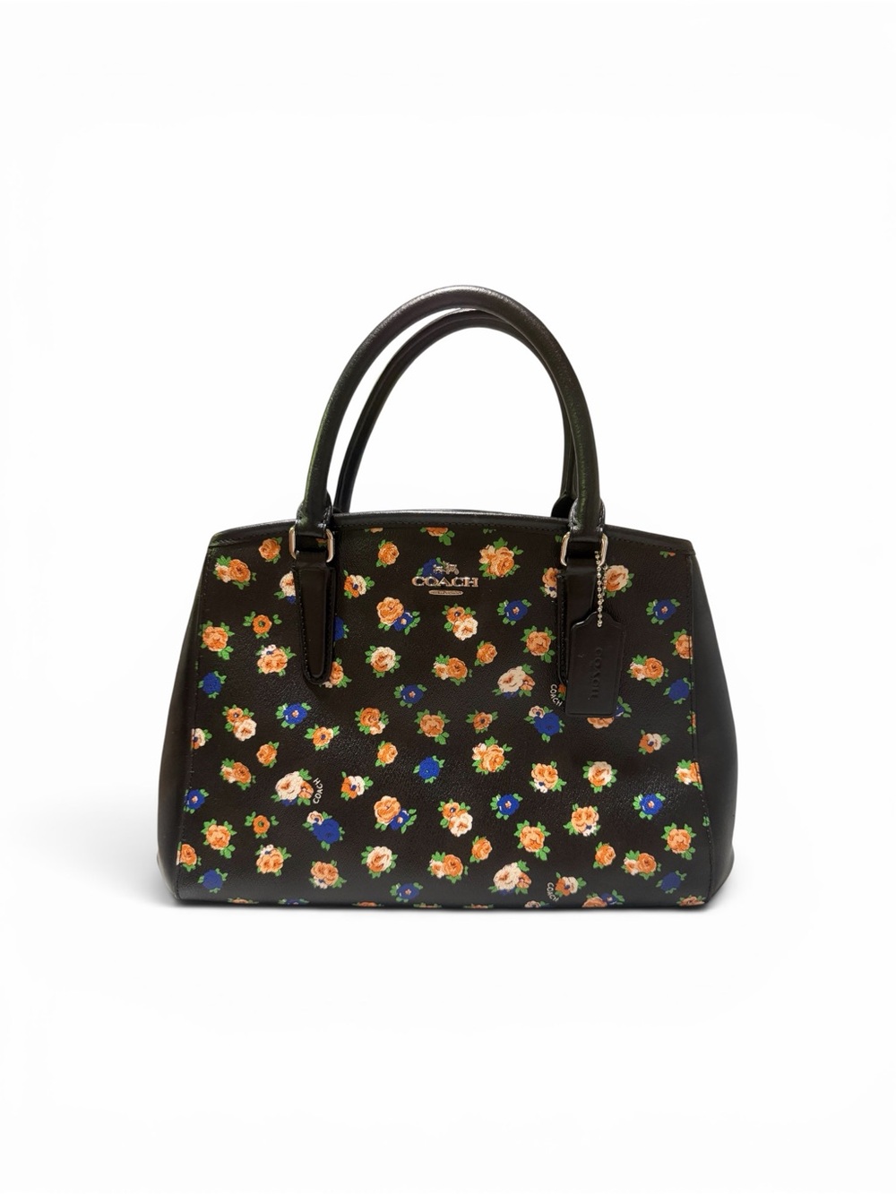 Coach Black Floral Leather Satchel with Orange & Blue Blooms